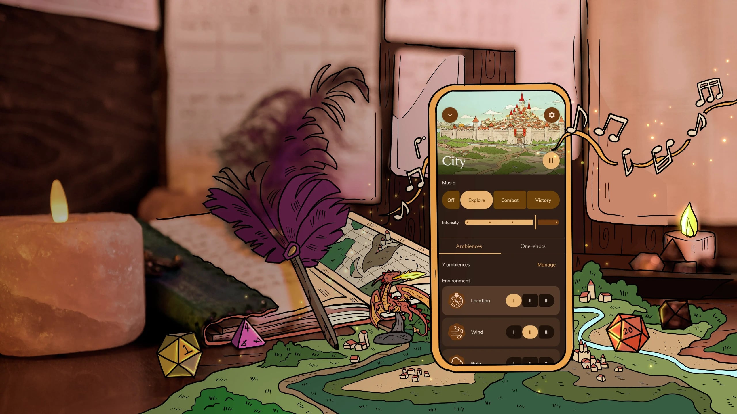Tabletop RPG scene with dice, candles, and a phone displaying the Pocket Bard app