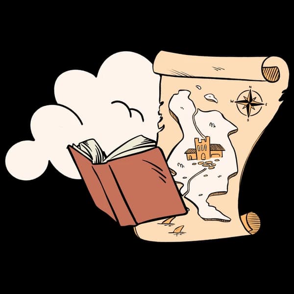 An open spell book in front of a treasure map